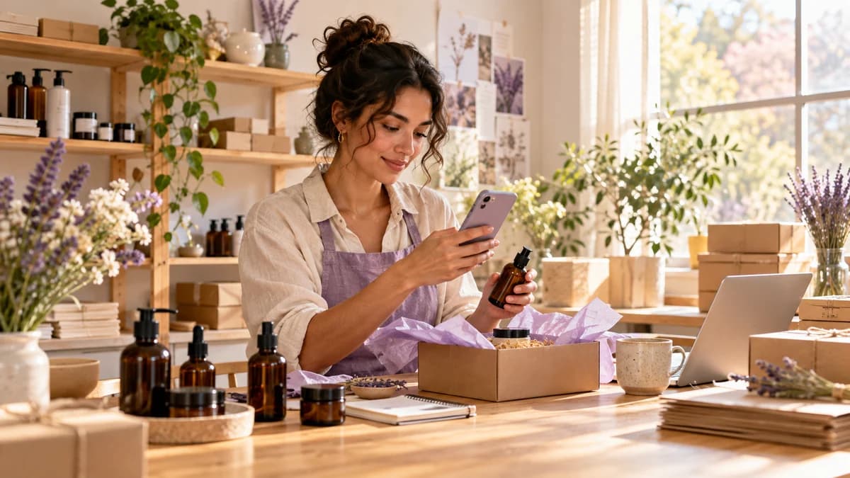 An independent shop owner preparing products and handling a phone inquiry at a packing desk