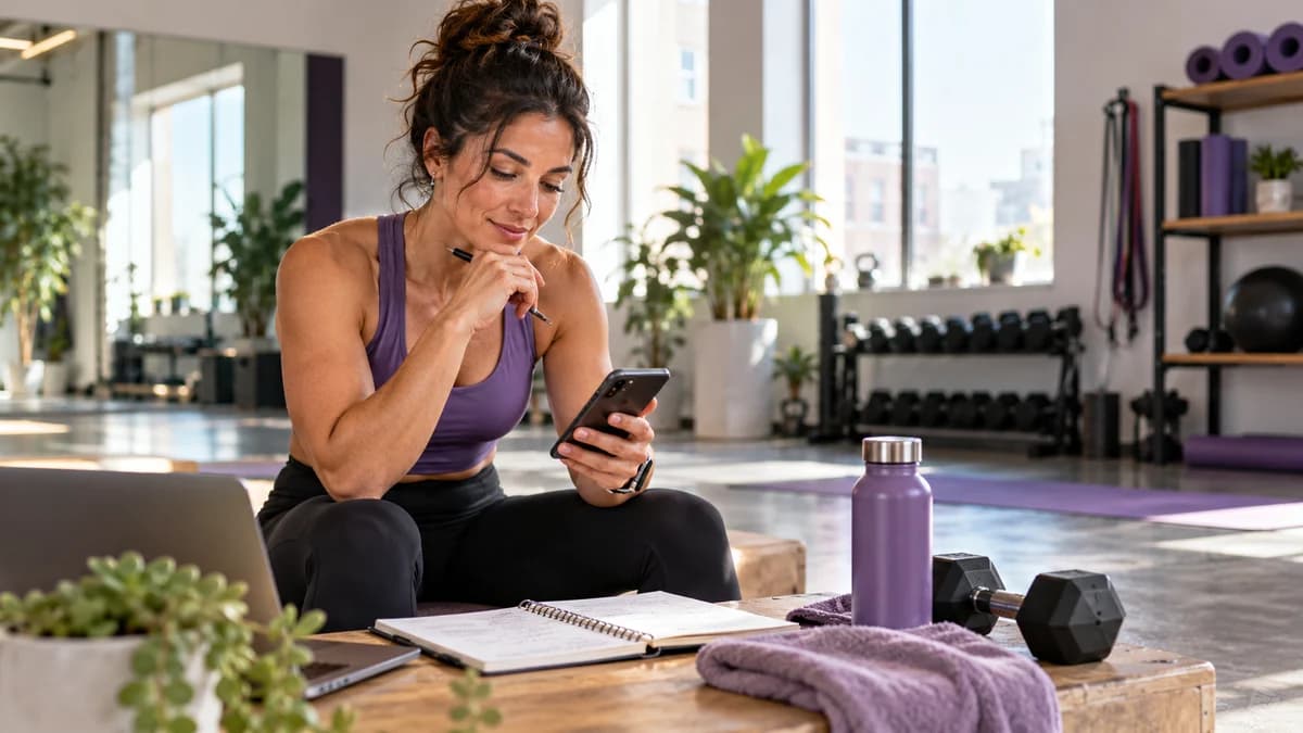 A fitness coach reviewing a phone and planning notes in a training studio
