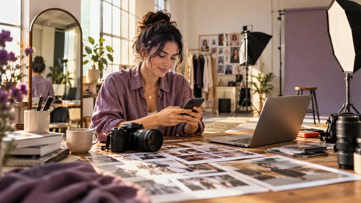 A photographer reviewing a phone inquiry beside camera equipment in a studio