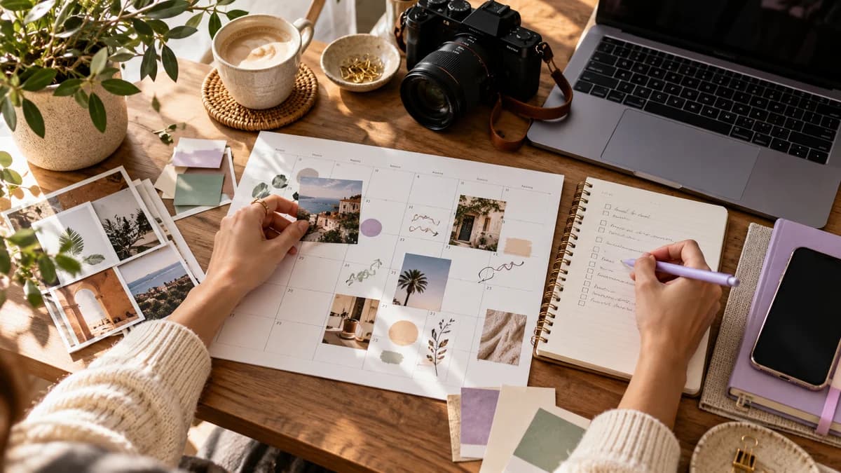 A content planning desk with a calendar, notebook, camera and smartphone