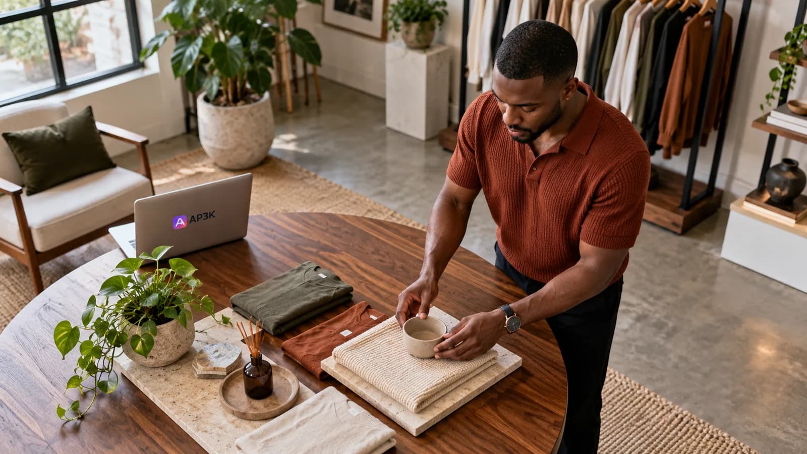 Boutique creator checking account safety — original editorial photograph
