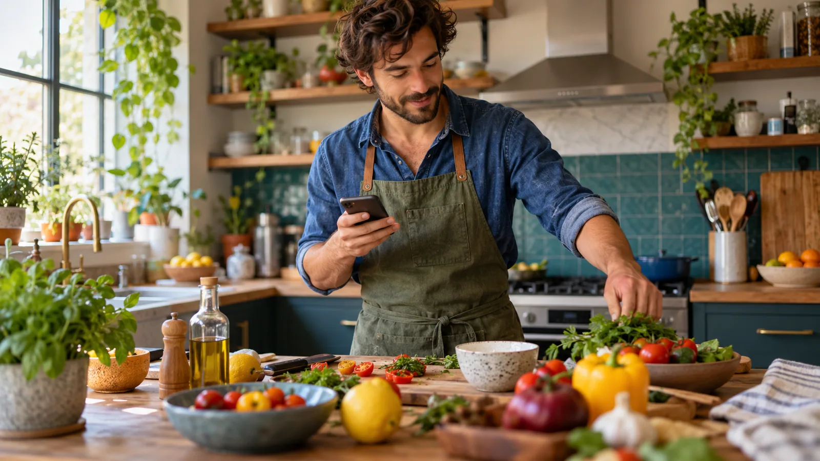 Food creator checks phone mid-recipe — original editorial photograph