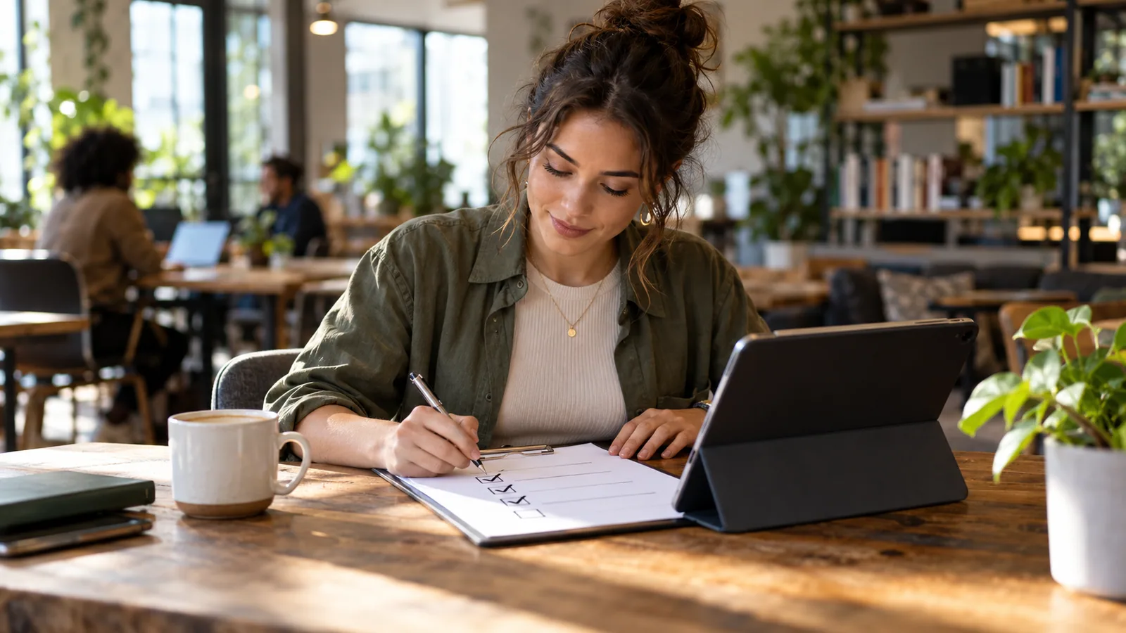 Marketing checklist over coffee — original editorial photograph