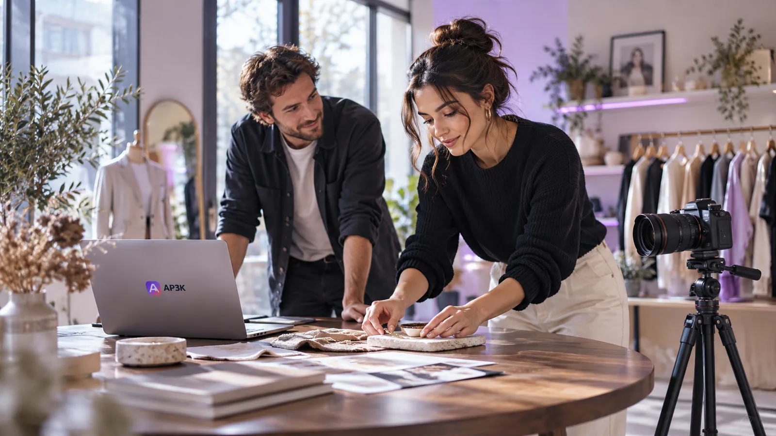 Creators planning content in a boutique showroom — original editorial photograph