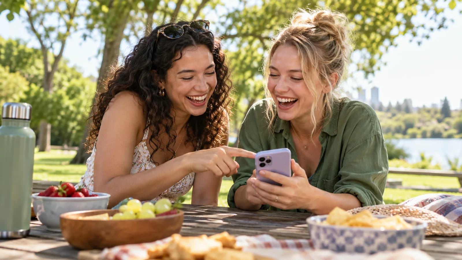 Friends Laugh Over a Sunny Phone Quiz — original editorial photograph