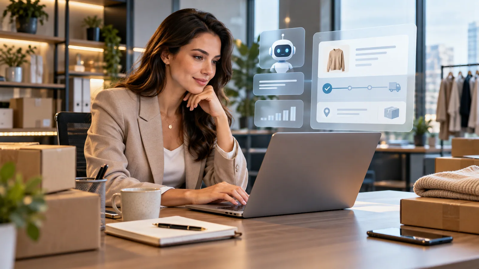 Ecommerce manager reviews order with AI — original editorial photograph