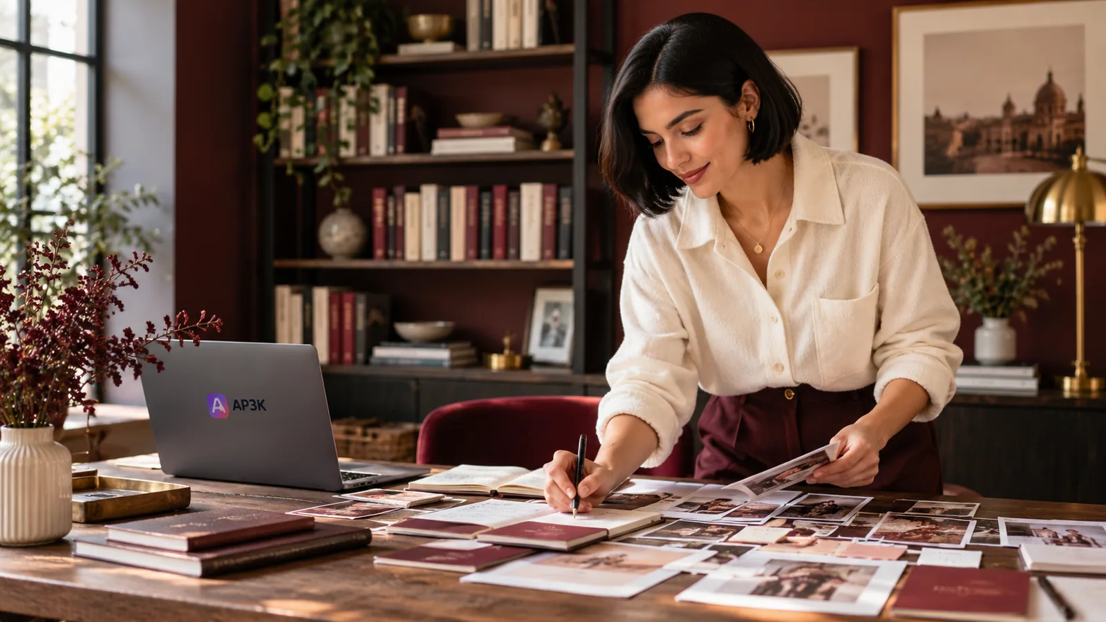 Data-driven Instagram planning in a book-lined office — original editorial photograph