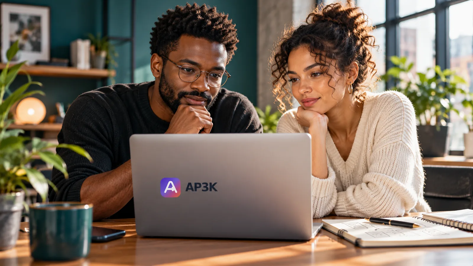 Two colleagues reviewing an AP3K-branded laptop and planning notes