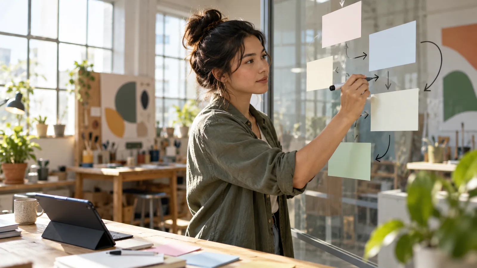 Product builder sketching workflow on glass wall — original editorial photograph