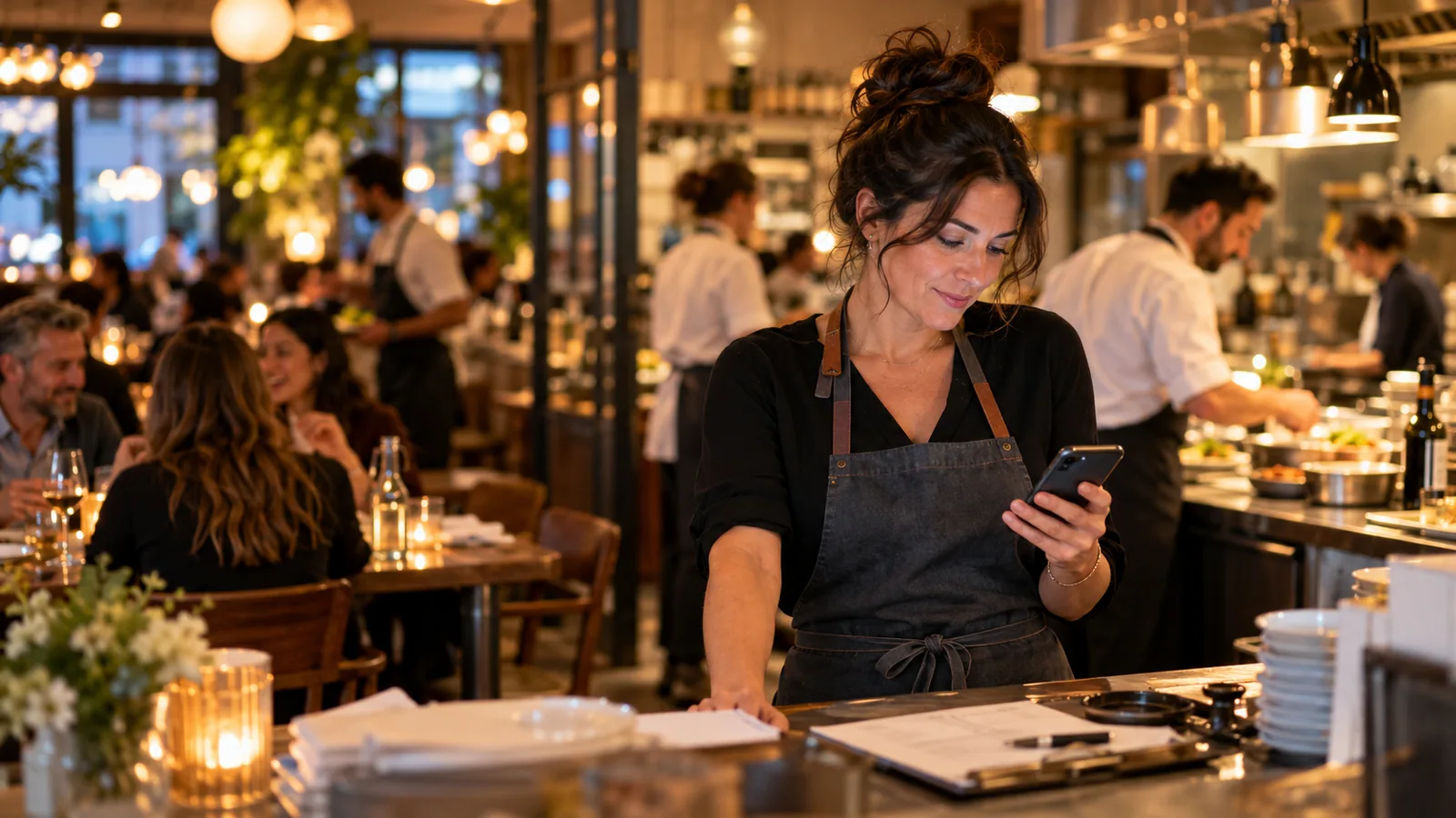 Bistro owner checks her phone — original editorial photograph