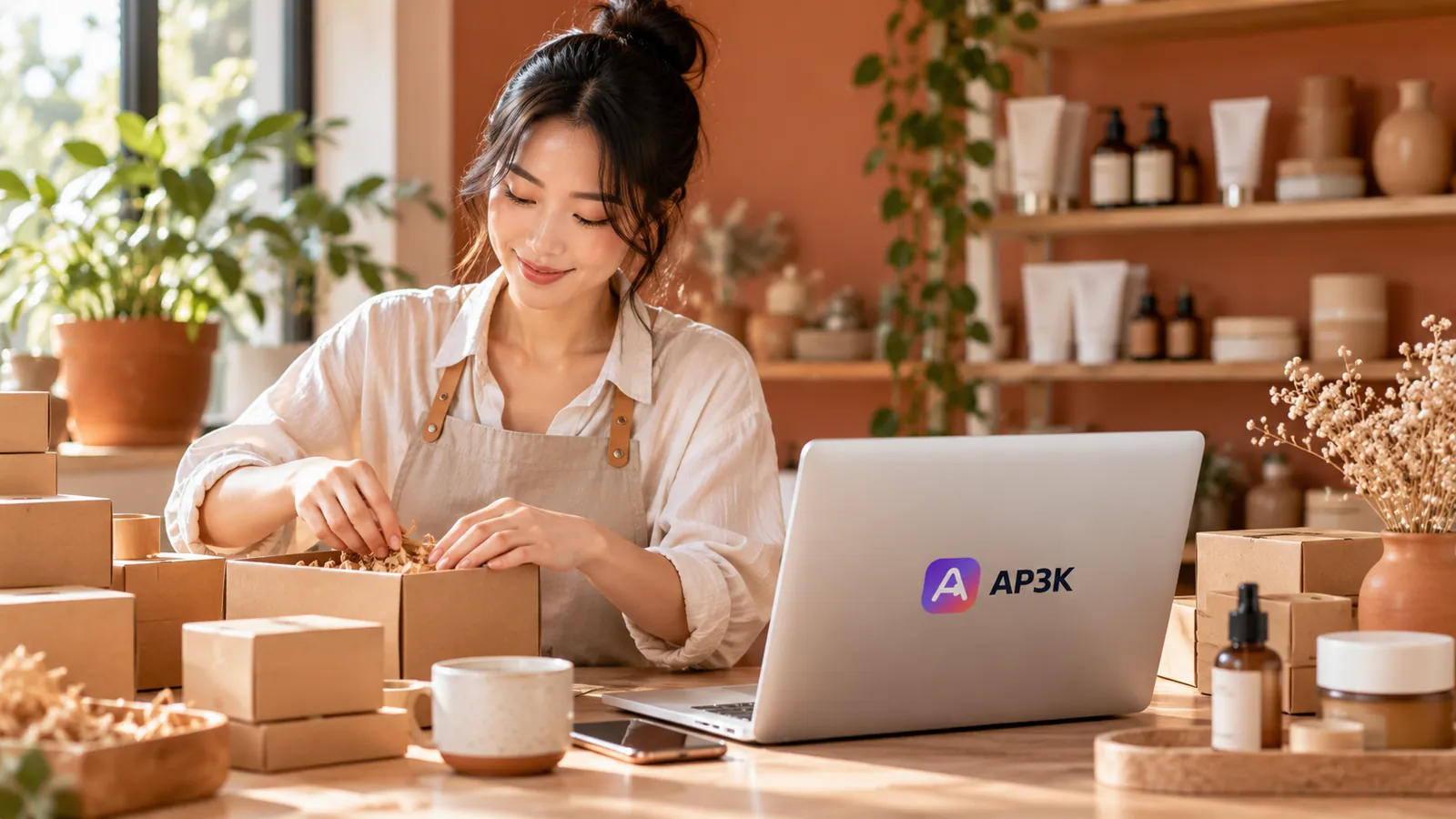 Shop owner packing products beside an AP3K-branded laptop in a sunlit studio