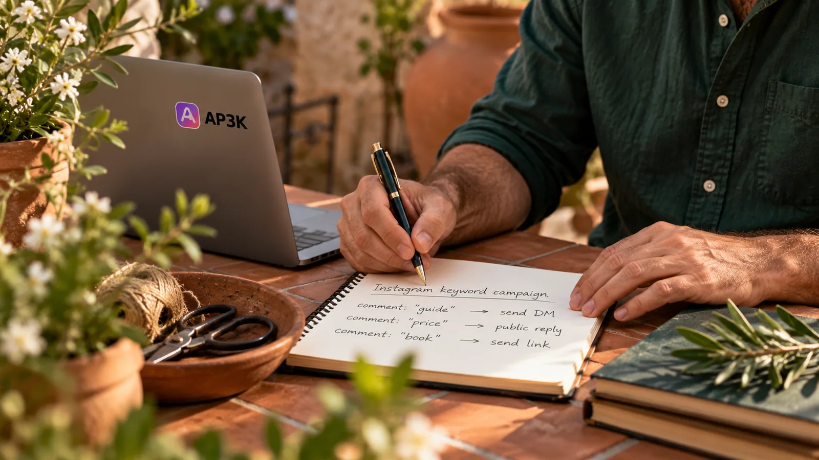 Hands crafting an Instagram keyword campaign — original editorial photograph