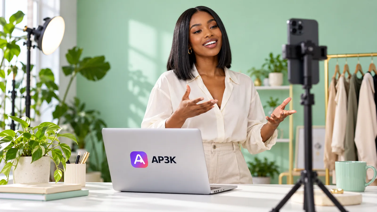Creator recording a phone video beside an AP3K-branded laptop in a mint studio