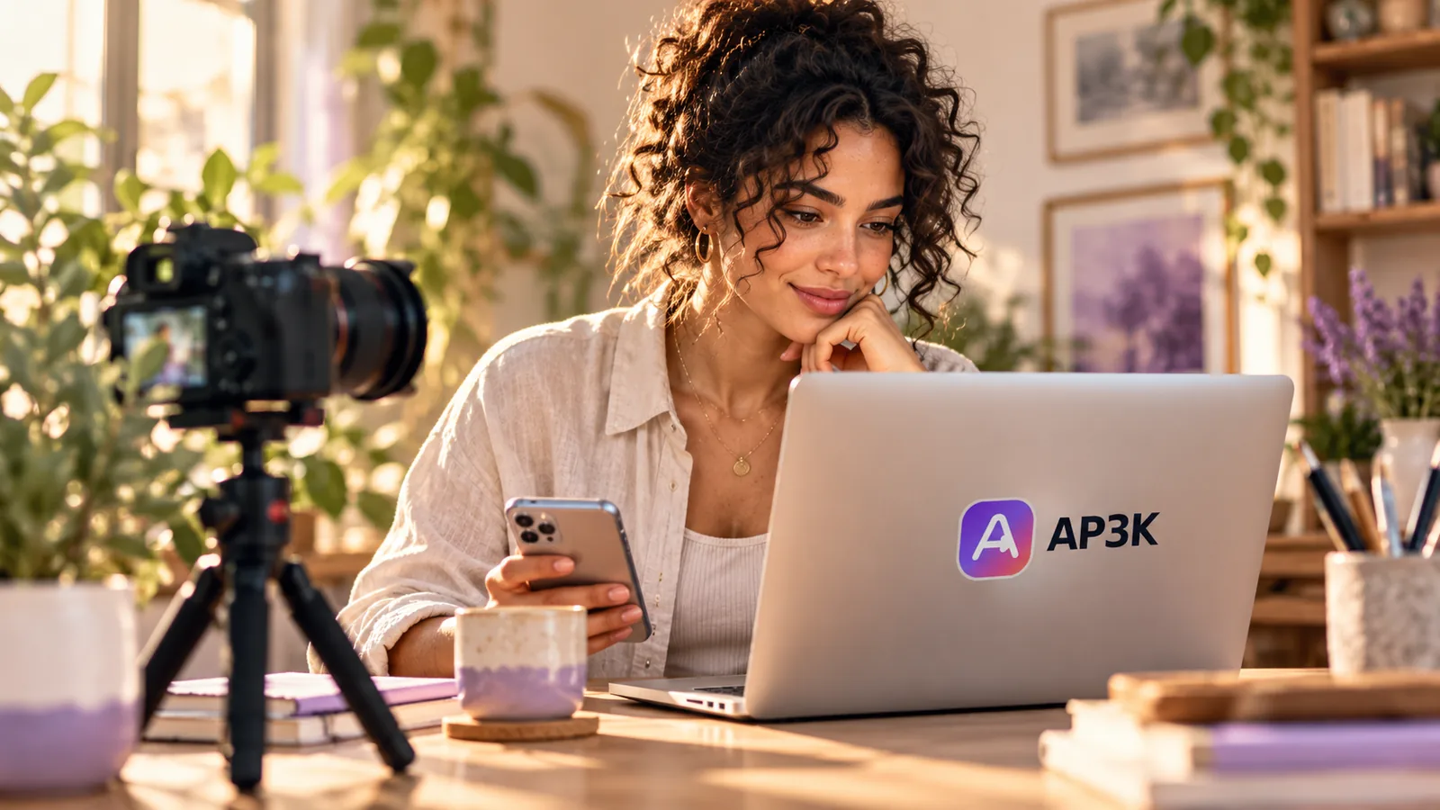 Content creator checking her phone beside a camera and AP3K-branded laptop