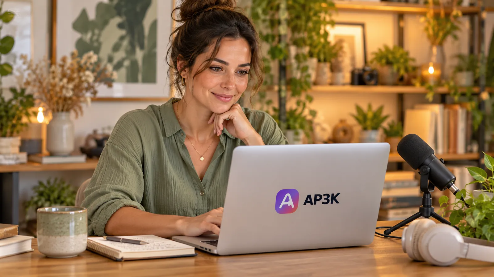 Educator preparing a workshop beside a microphone and AP3K-branded laptop