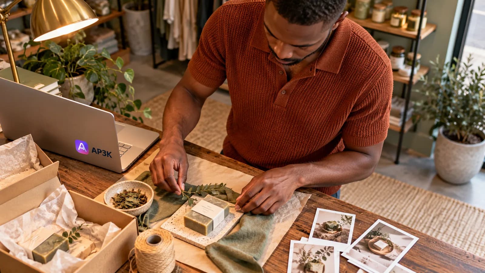 Crafting Social Posts in a Boutique — original editorial photograph