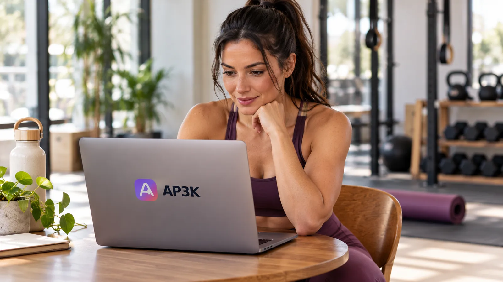 Fitness coach planning at an AP3K-branded laptop in a training studio