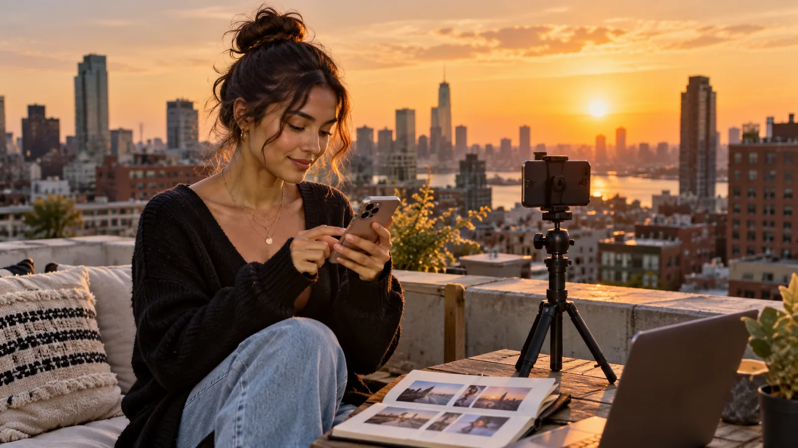 Rooftop creator studies engagement at sunset — original editorial photograph