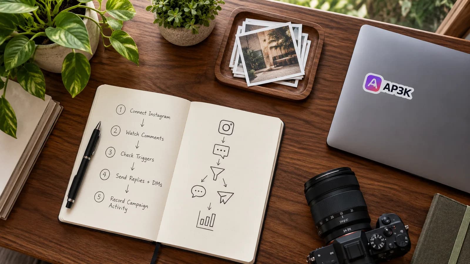 AP3K Instagram Automation Workflow Flat Lay — original editorial photograph