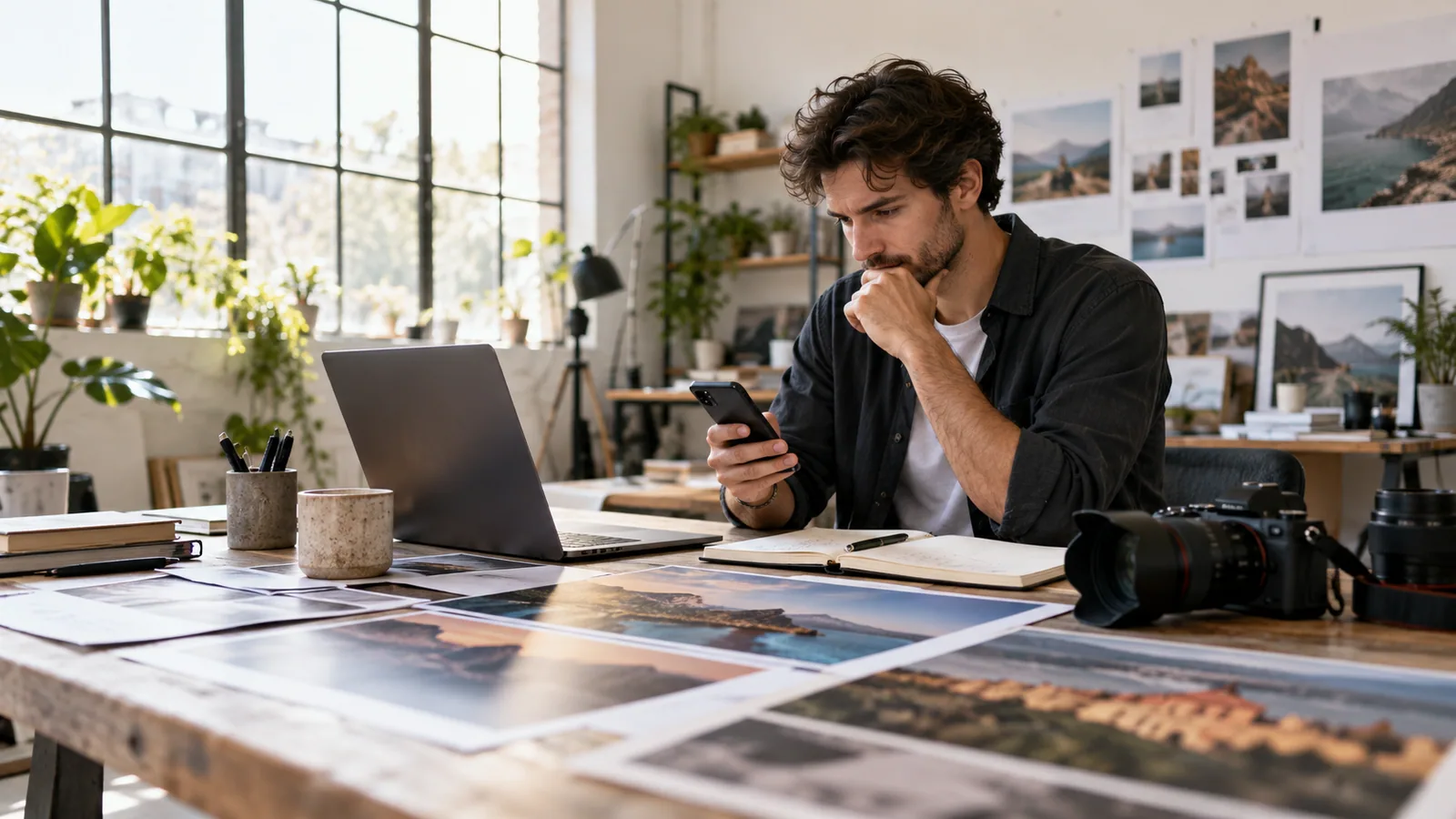 Freelance Designer Researching Outreach by Phone — original editorial photograph