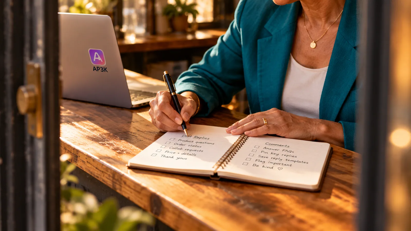 Hands managing social replies at cafe counter — original editorial photograph
