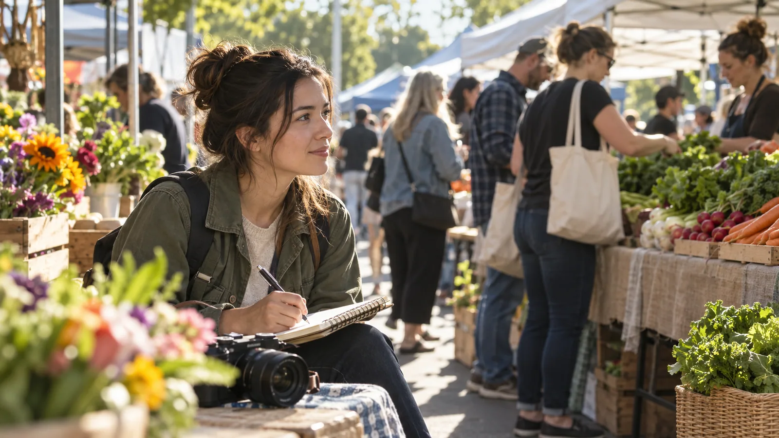 Audience research at the farmers market — original editorial photograph