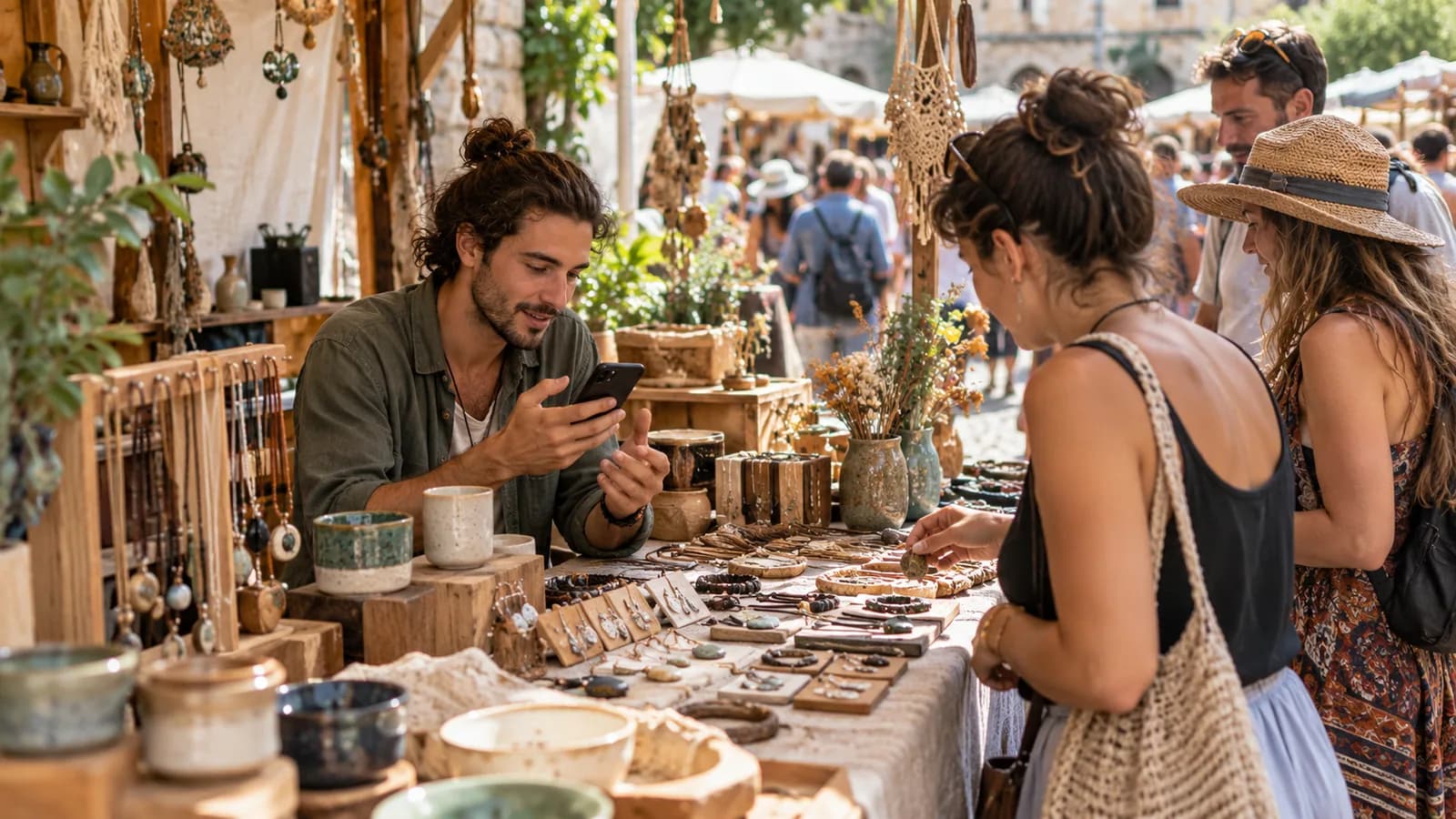 Creator on phone at handmade market — original editorial photograph