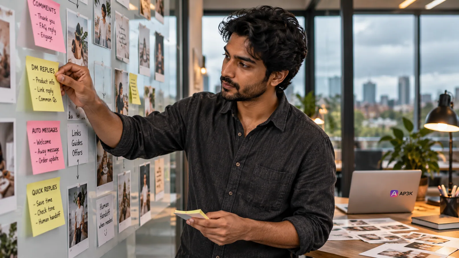 Organizing Instagram replies at the workbench — original editorial photograph