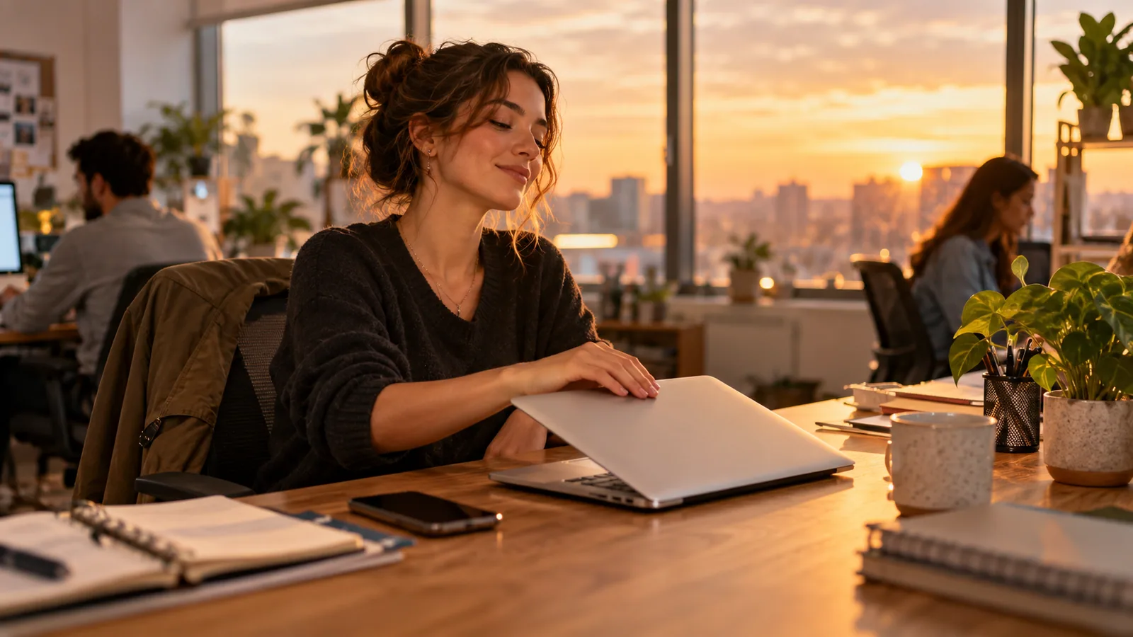 Social media manager unwinds at sunset — original editorial photograph