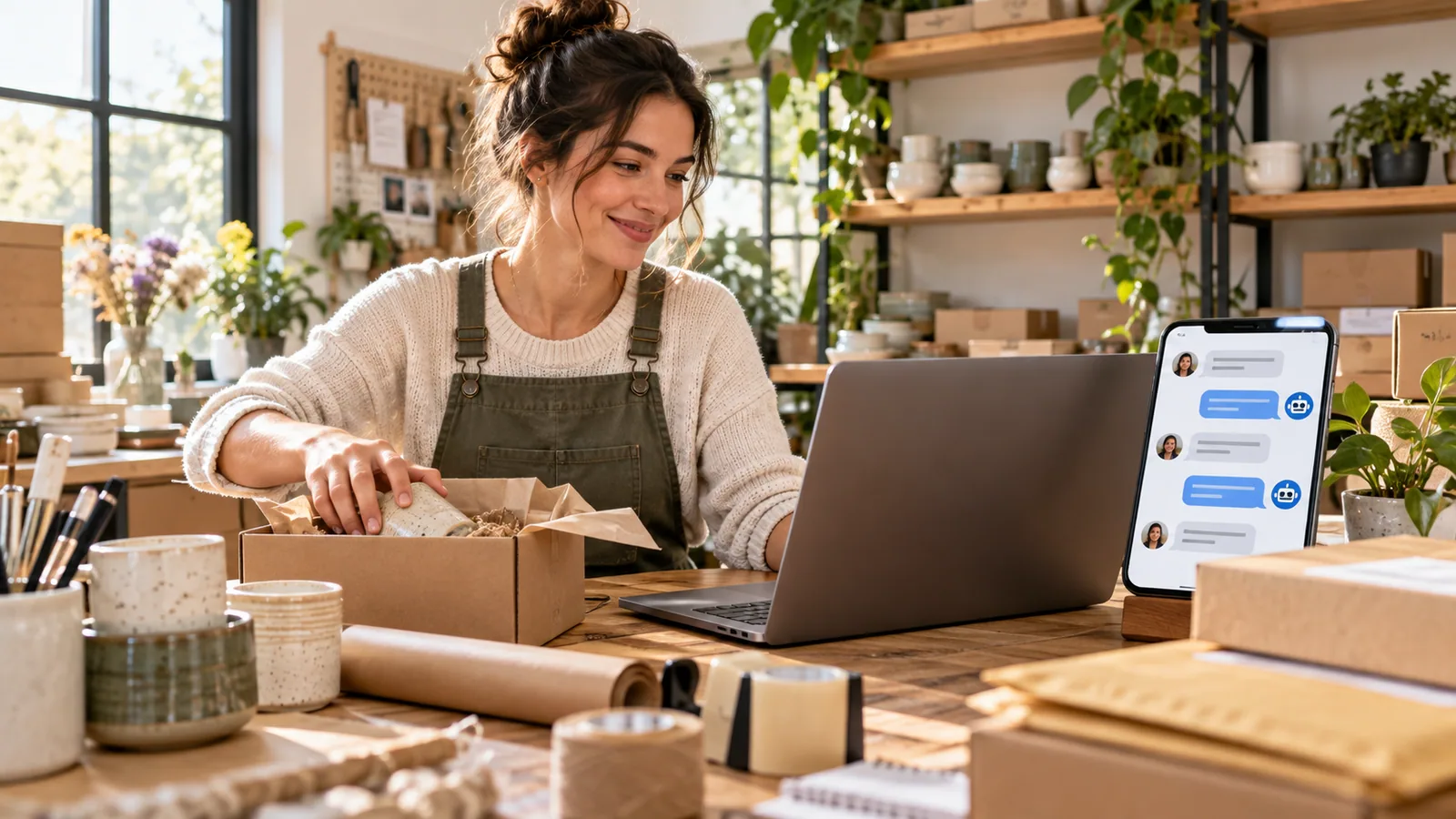 Workshop orders with automated customer messages — original editorial photograph