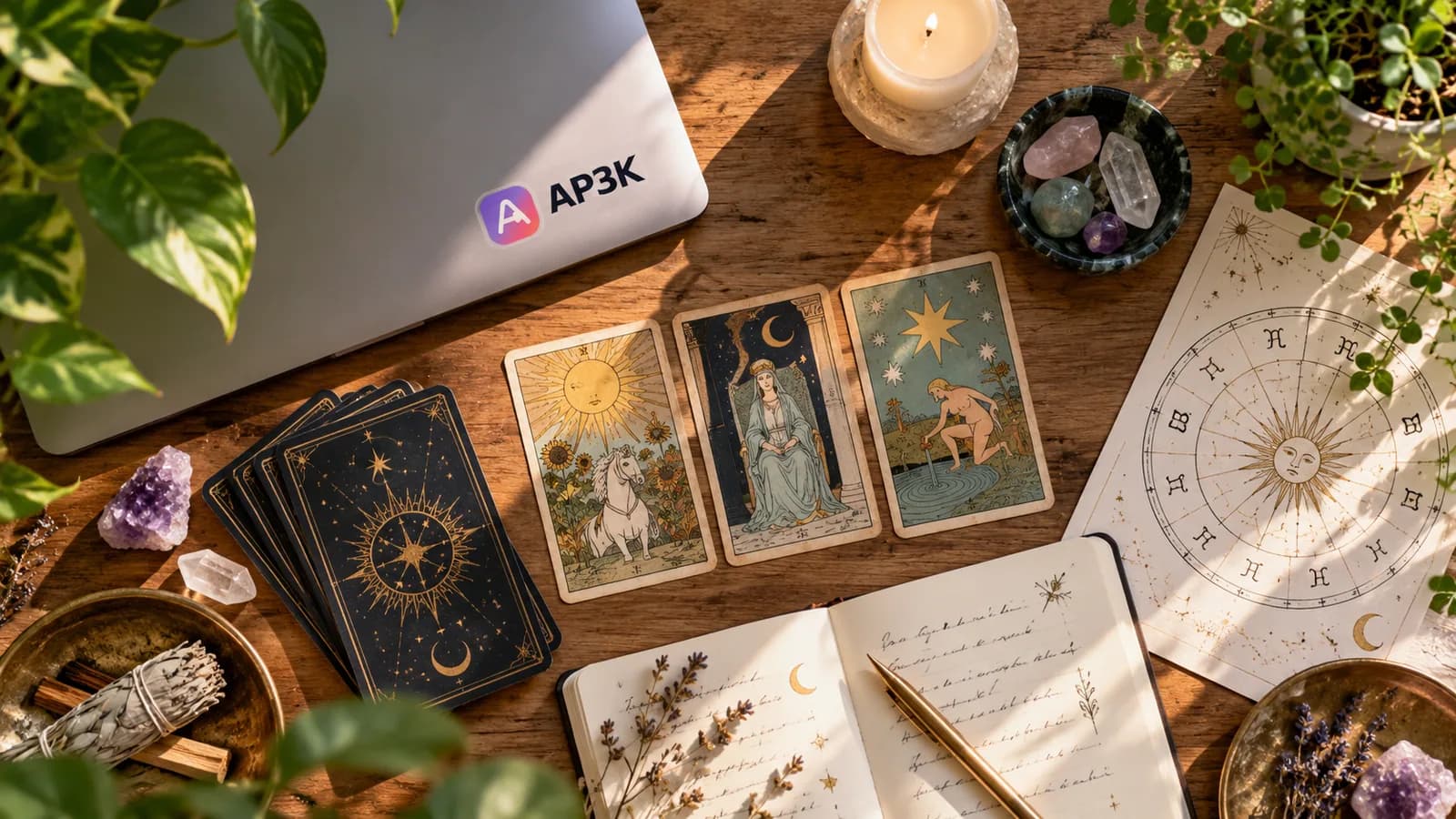 Tarot reader’s DM automation flat lay — original editorial photograph