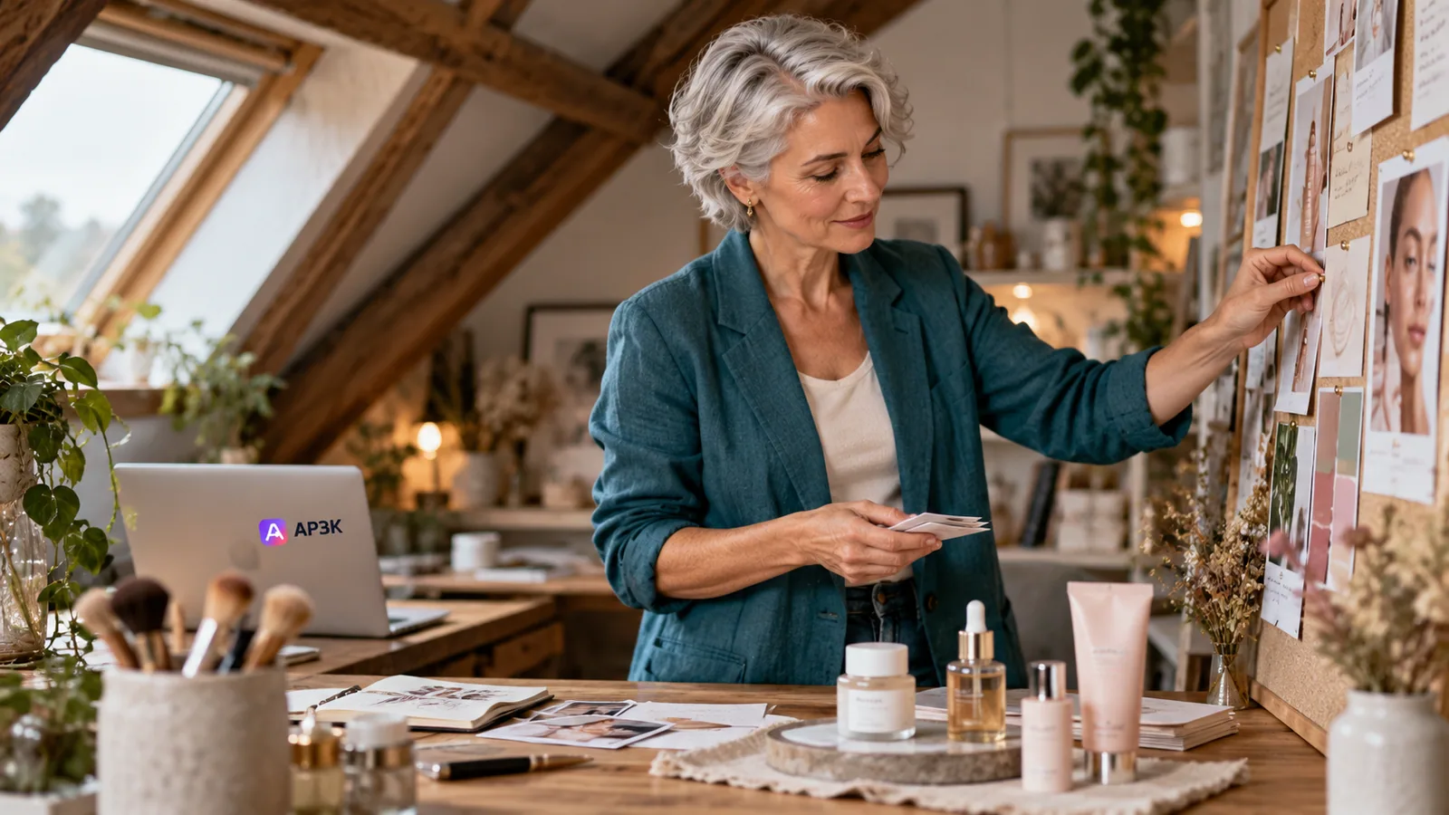 Silver-haired skincare creator planning DMs — original editorial photograph