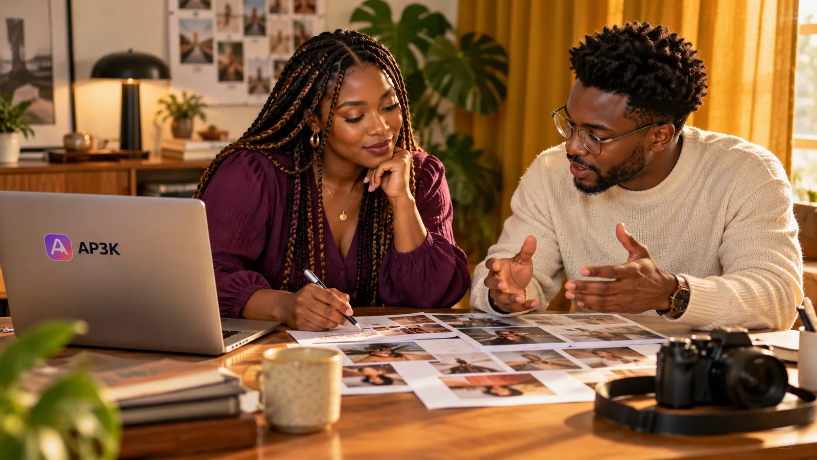 Creators discuss growth strategies in golden light — original editorial photograph
