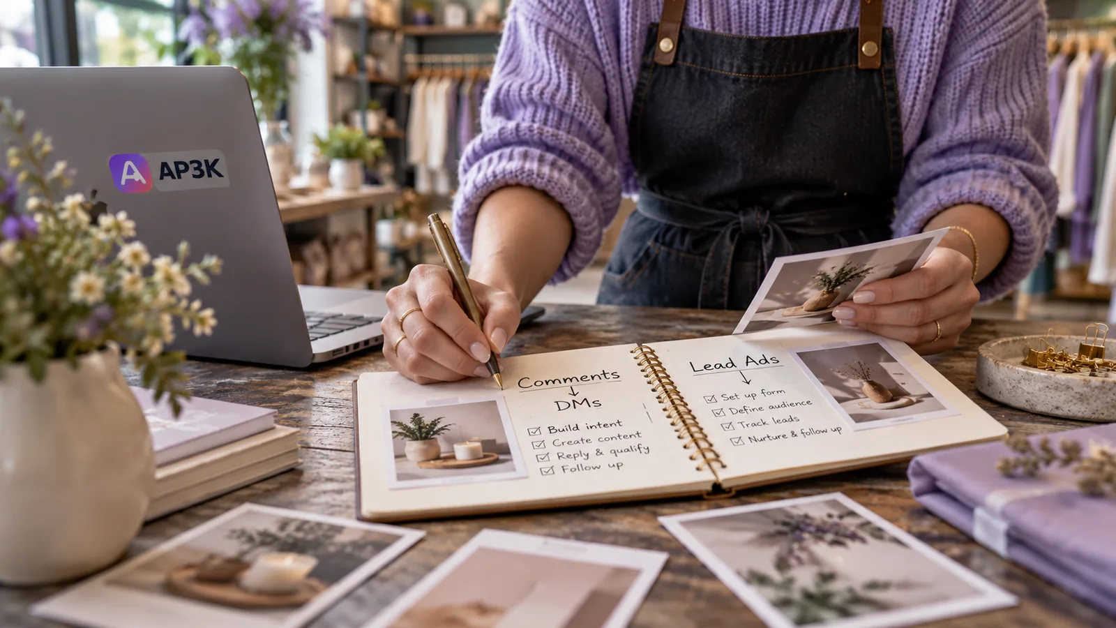 Hands mapping Instagram lead generation — original editorial photograph