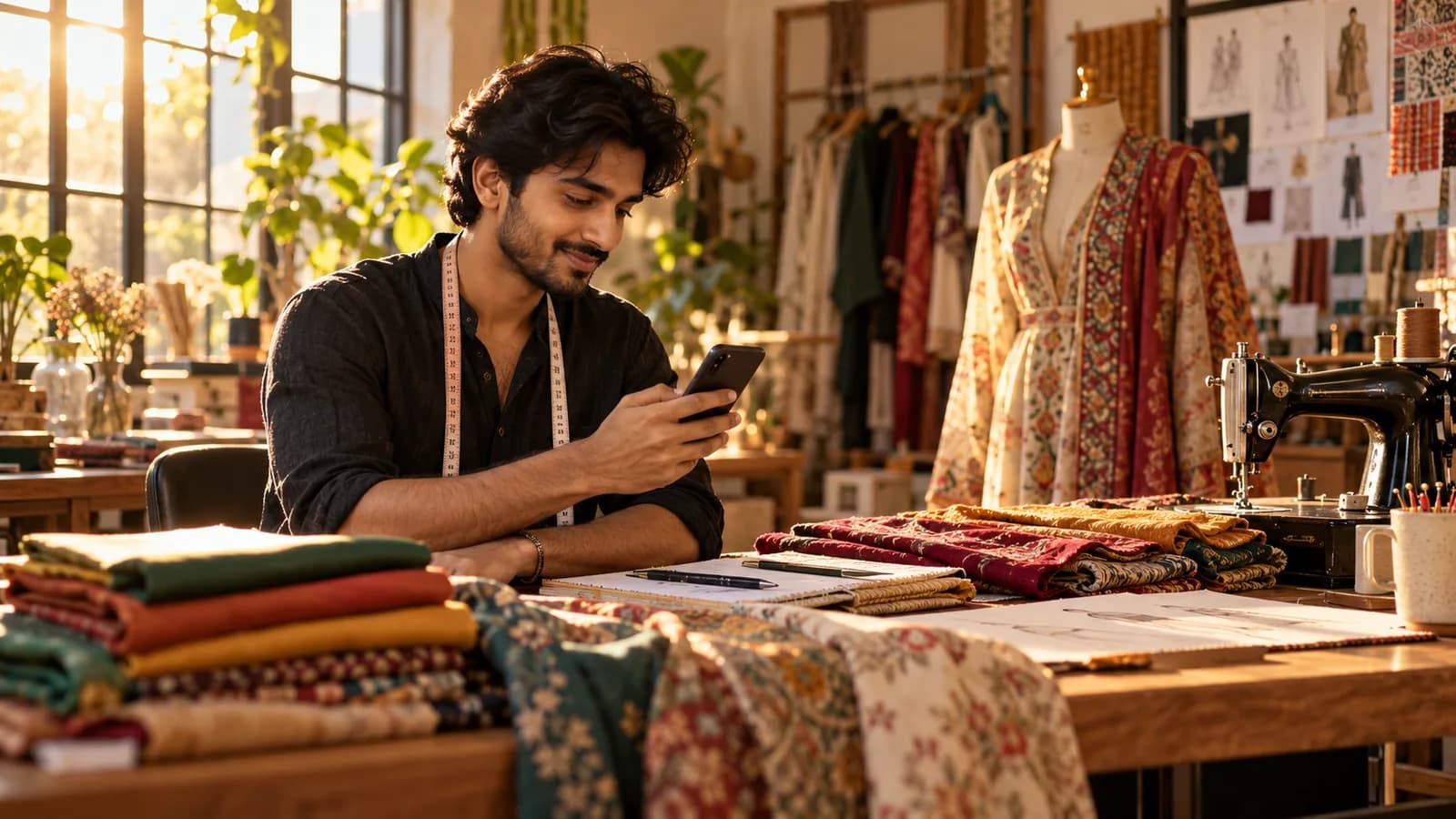 Fashion designer reviews phone beside fabric swatches — original editorial photograph