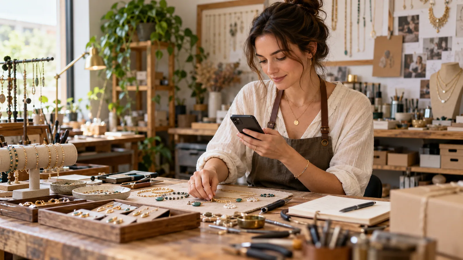 Jewelry maker checking a customer message — original editorial photograph