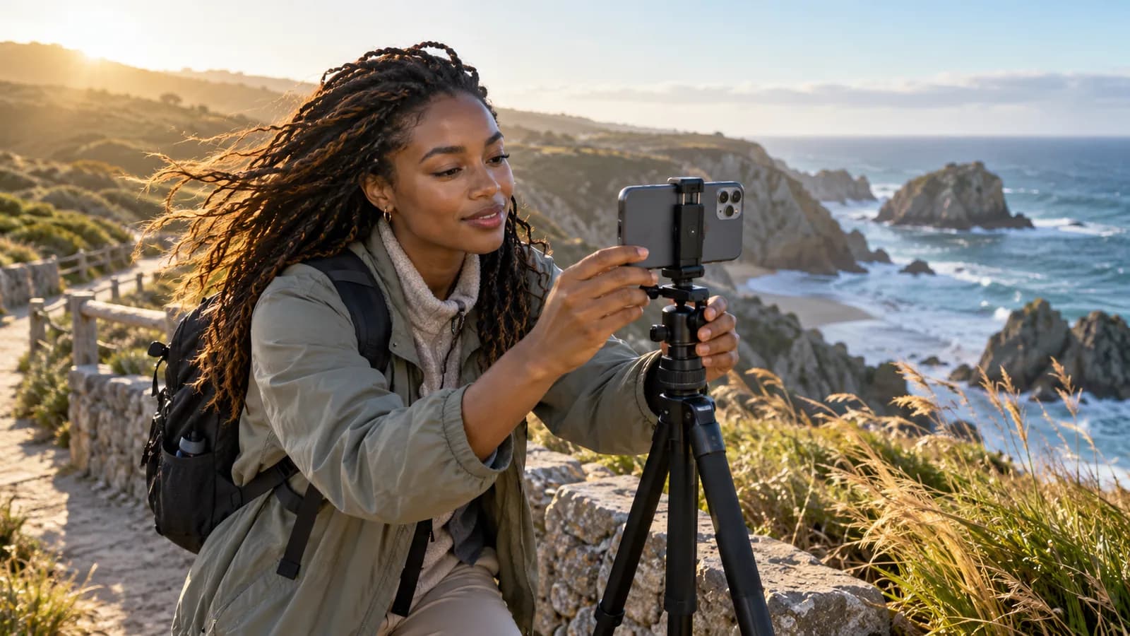 Coastal sunrise filming setup — original editorial photograph