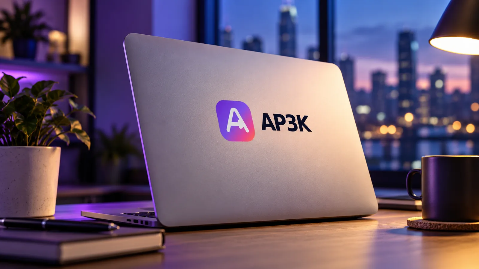 AP3K-branded laptop on a desk with violet lighting and a city view