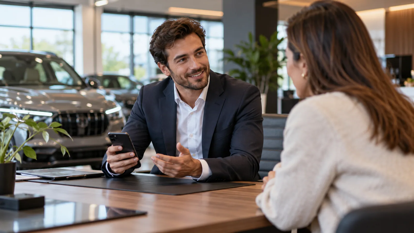 Showroom consultant reviews inquiry with customer — original editorial photograph