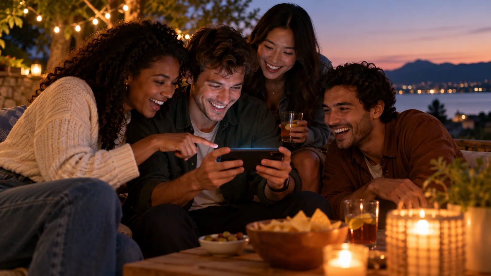 Friends play a phone story at dusk — original editorial photograph