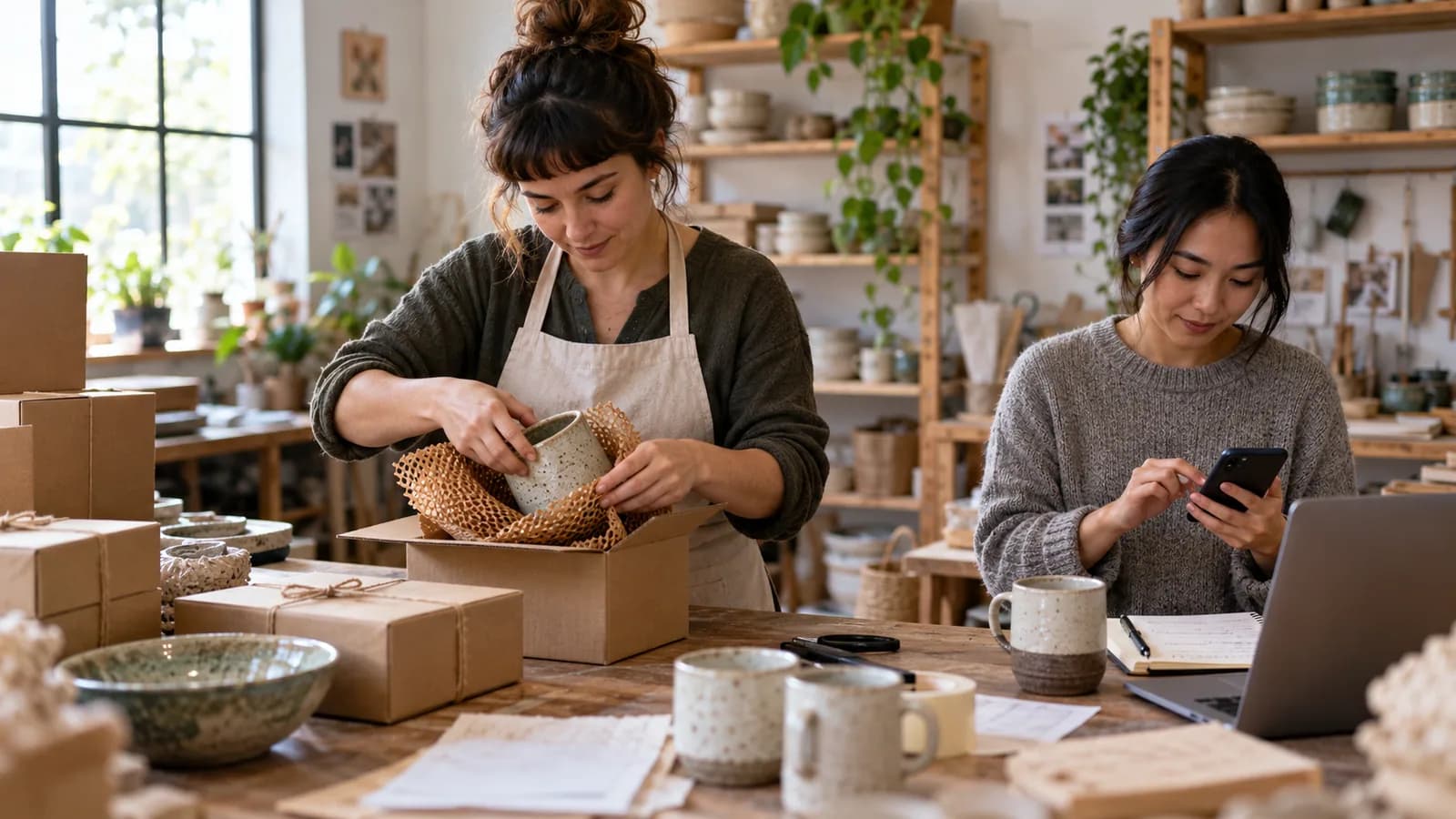Sorting ceramics, organizing customer care — original editorial photograph