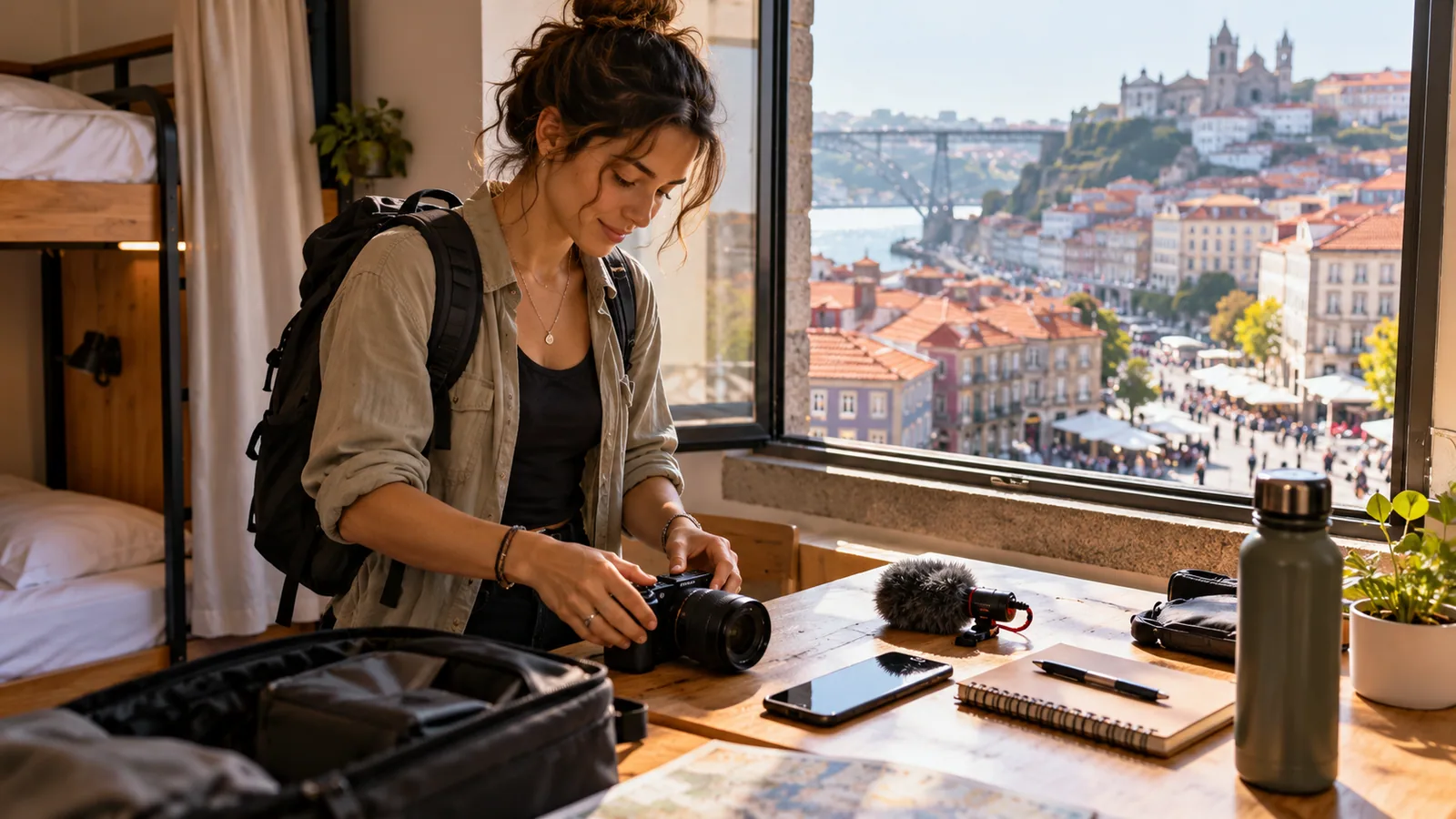 Hostel desk setup before city exploring — original editorial photograph