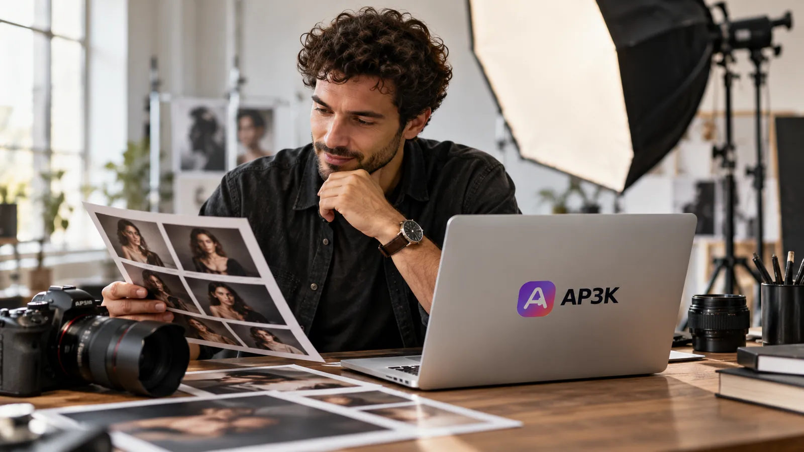 Photographer reviewing portrait prints beside his camera and AP3K-branded laptop