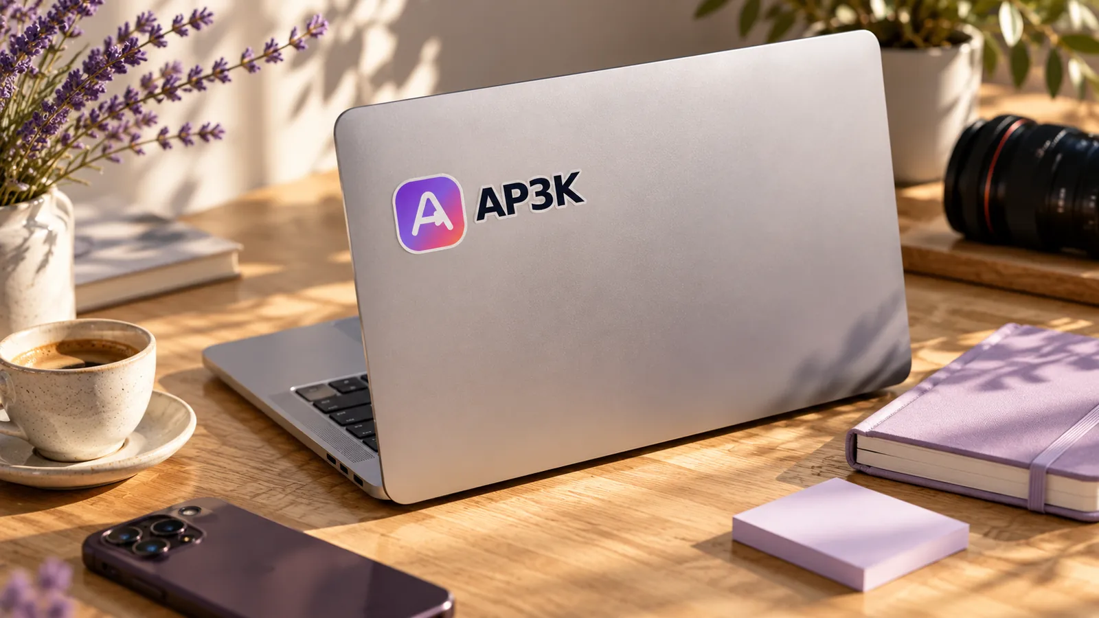 AP3K-branded laptop beside a planner, camera lens and phone on a sunlit desk