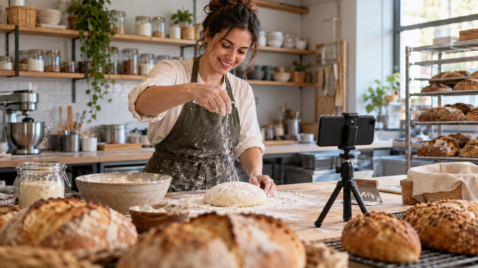 Baker filming a fresh bread reel — original editorial photograph