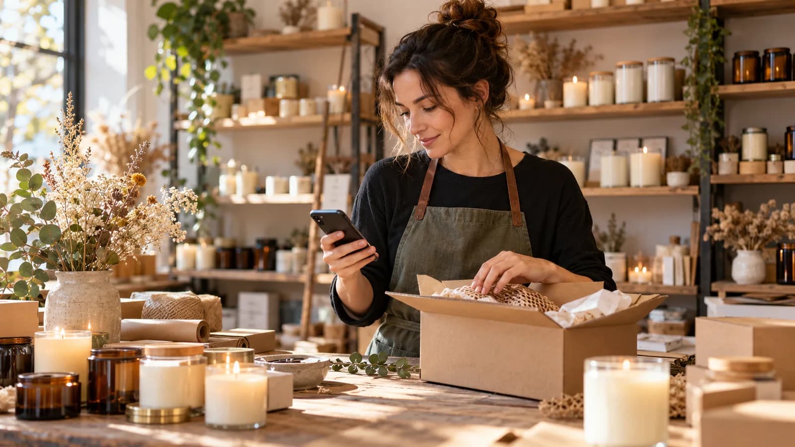 Packing candles, checking a message — original editorial photograph