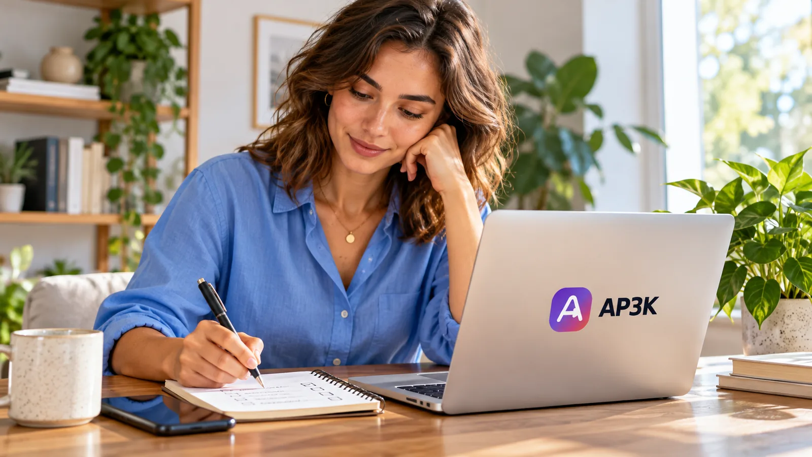 Business owner reviewing a checklist beside an AP3K-branded laptop