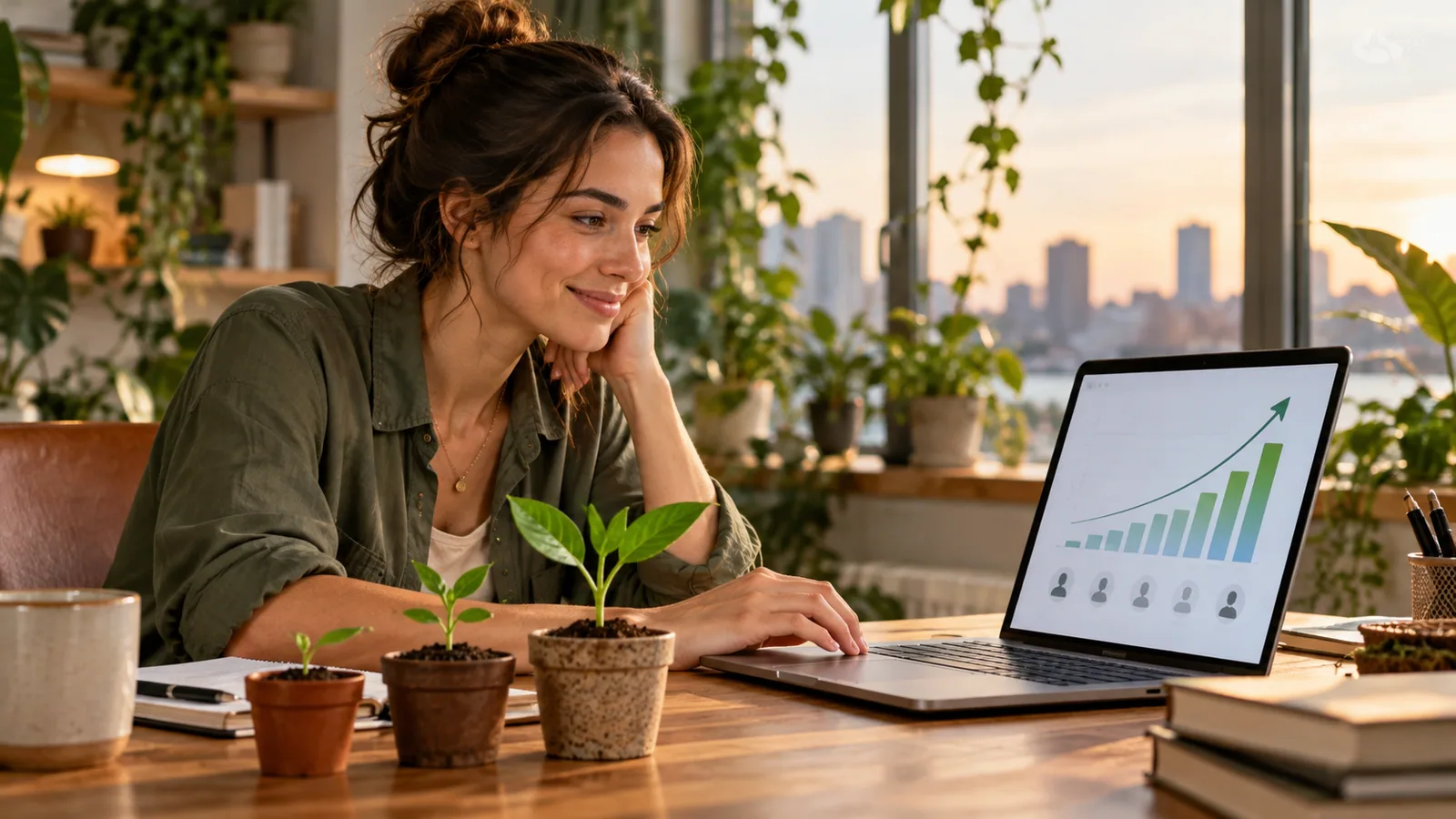 Seedlings and charts signal audience growth — original editorial photograph
