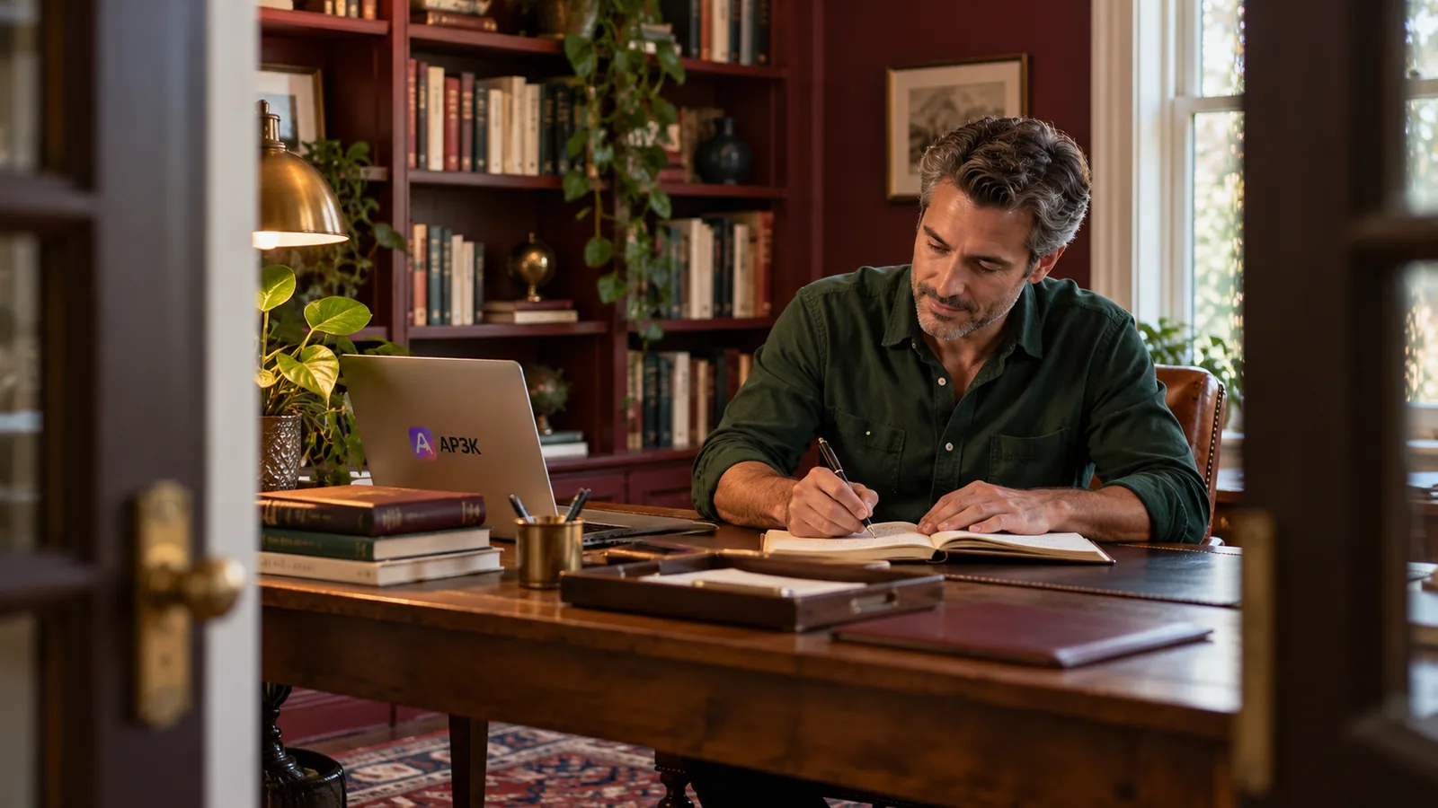 Instagram DM automation in a book-lined office — original editorial photograph