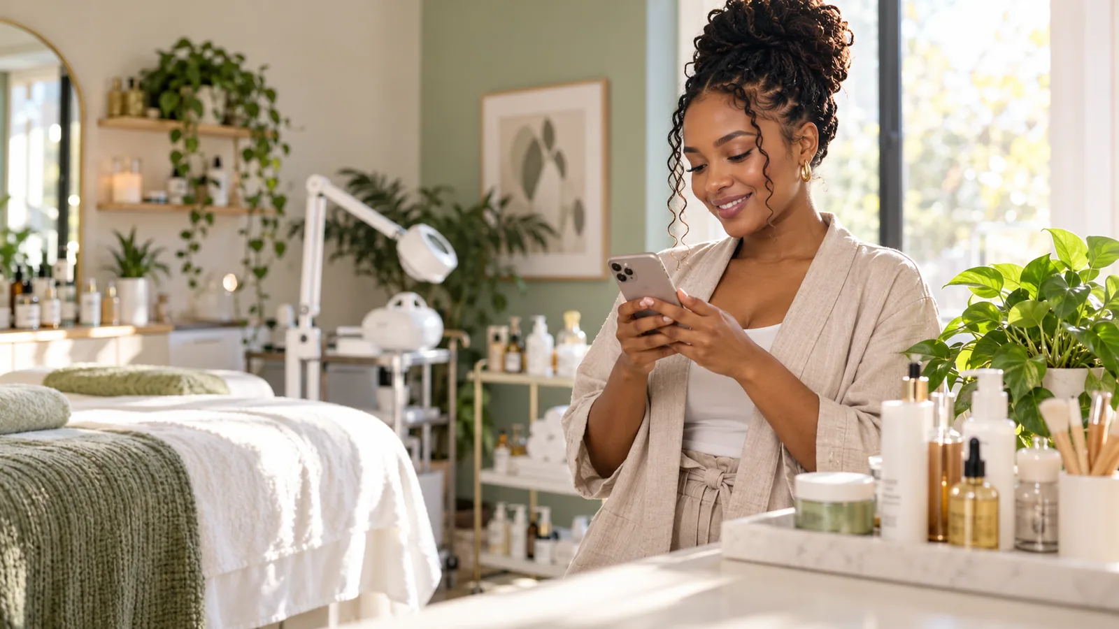 Skincare Creator Reviewing Messages in Studio — original editorial photograph